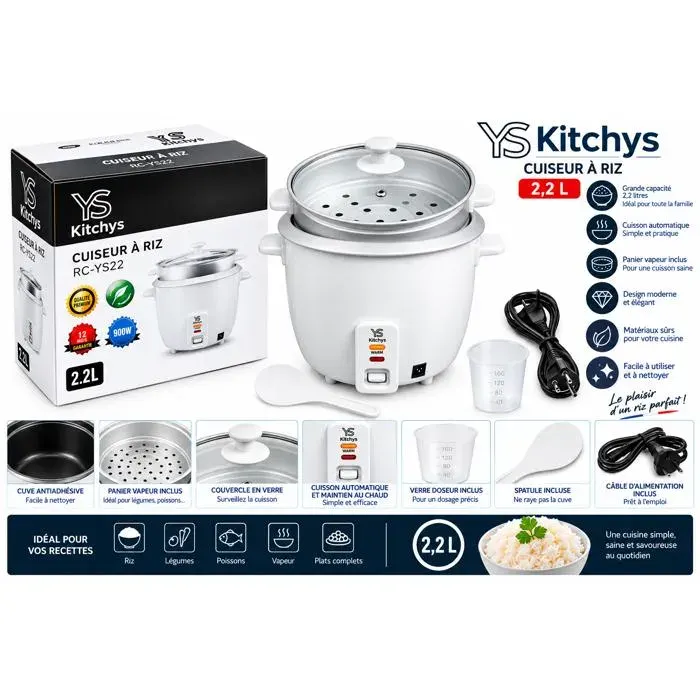 YS Kitchys Cuiseur à Riz 22 L 900 W RC-YS22 – Panier Vapeur – Maintien au Chaud – Couvercle Verre
