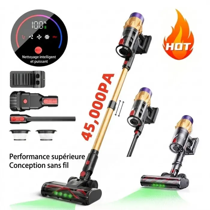 Zitty Aspirateur Balai Sans Fil 50kPa 550W Autonomie 60min Tactile LED Acier Inoxydable Doré