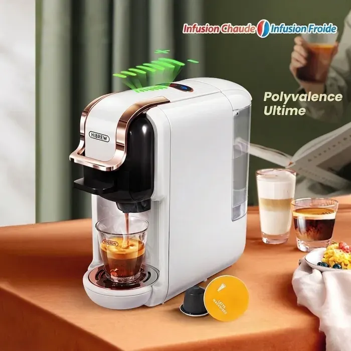 Zitty H2B Machine à café chaud froid 5 en 1 capsules NS DG ESE K-Cup café moulu 7 niveaux d’eau inox blanc